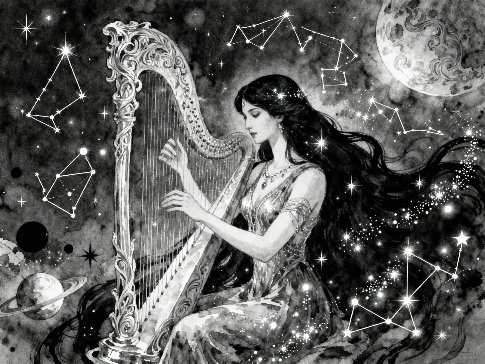 Goddess Harp Portrait in Black and White Watercolor