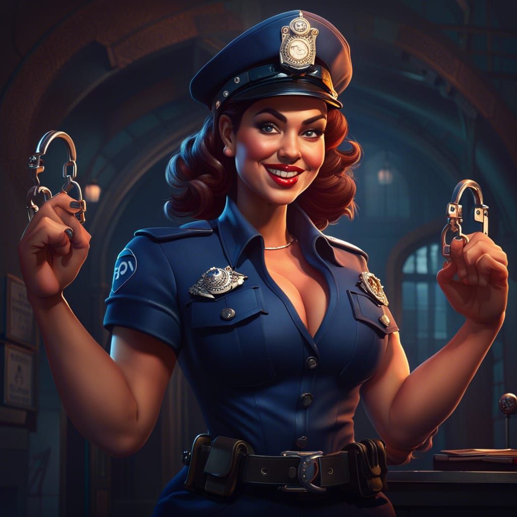 Curvy Pinup Policewoman with Handcuffs in Detailed Painting