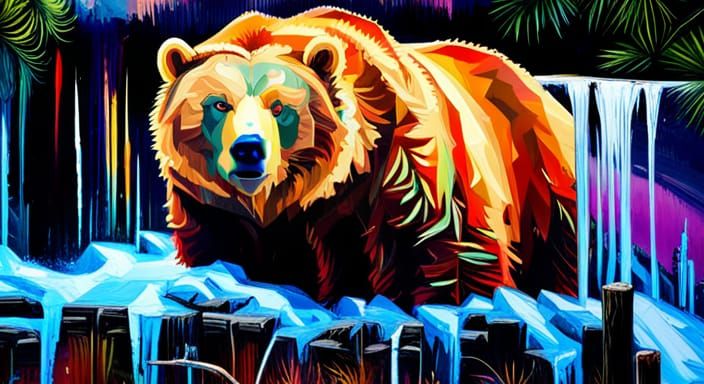 street view of A graffiti Grizzly Bear, glitter chrome paint, sparkling fur, beautiful abstract, streaming smooth paint,...