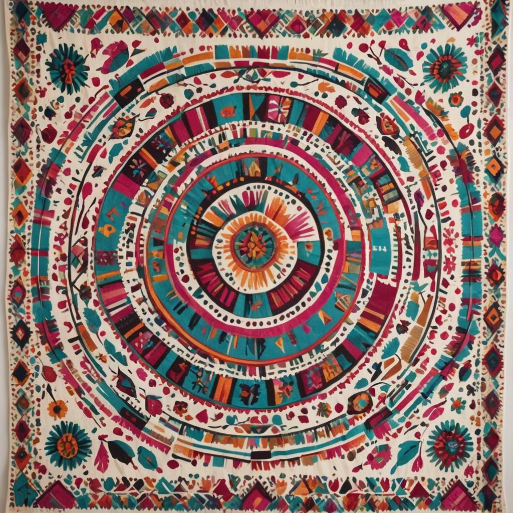 Colorful Folk Art Tapestry with Geometric Design