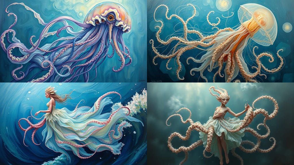 Fantasy Sea Creature in Jellyfish Dress, Impasto Style