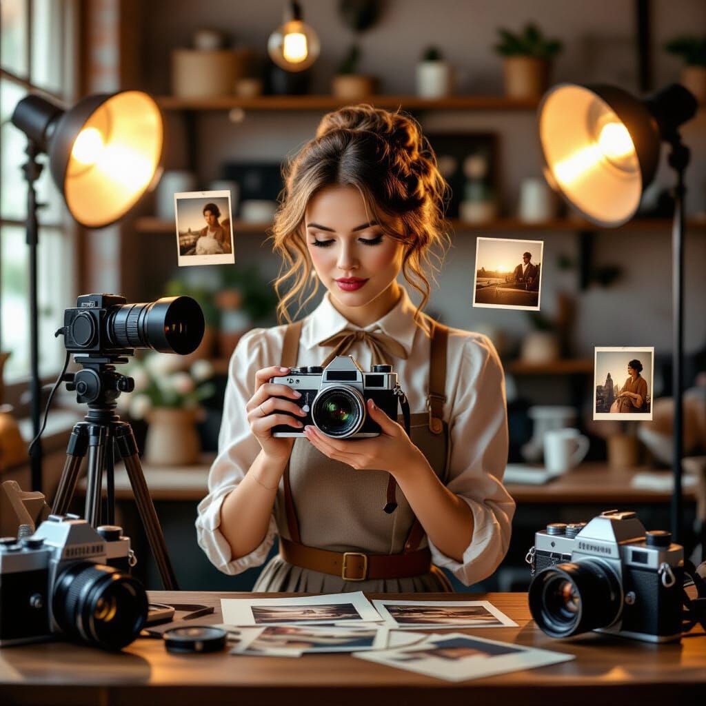 Nostalgic Photographer in Vintage Studio with Glowing Lights