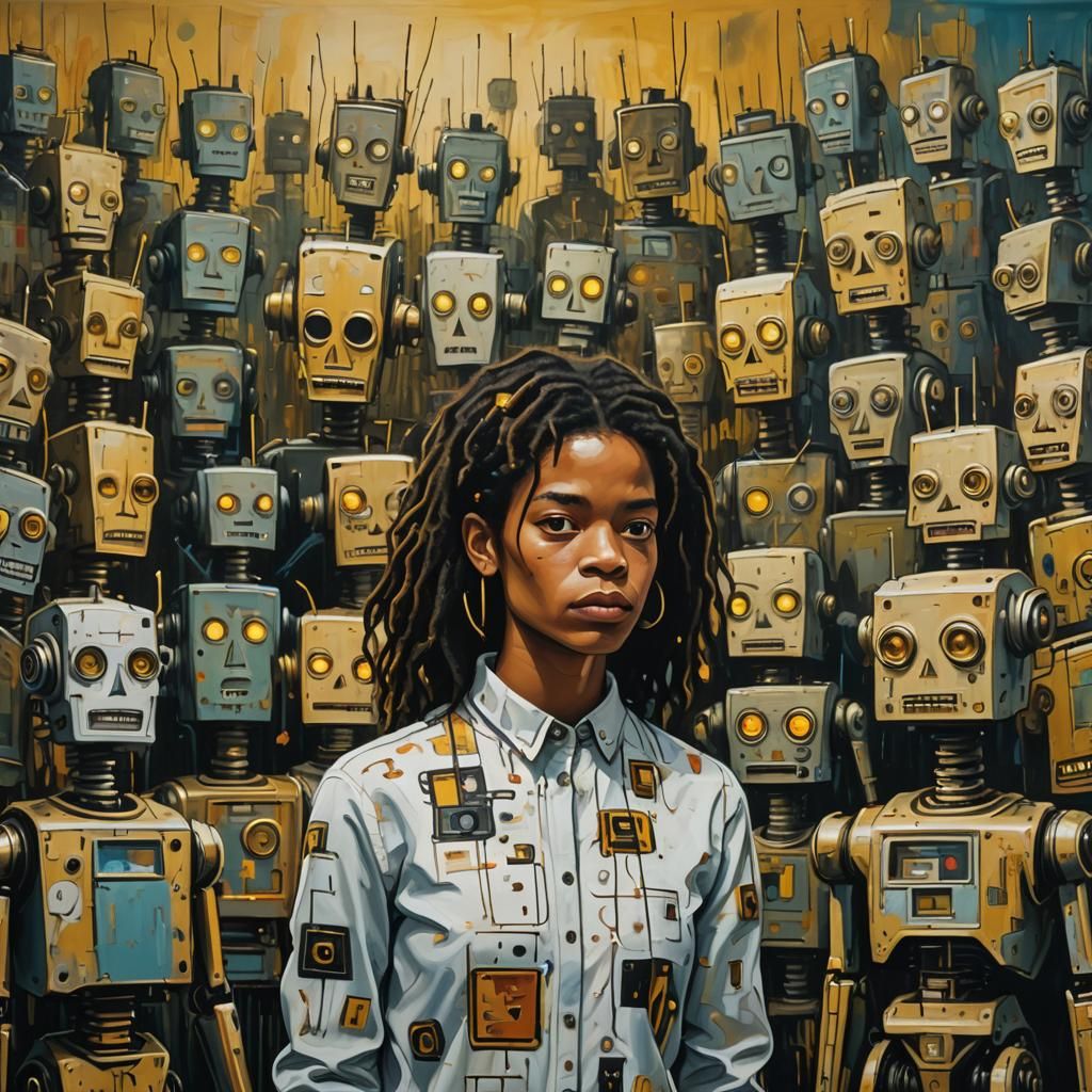 Woman's Defiance in Robot Sea: Basquiat-Style Surrealism