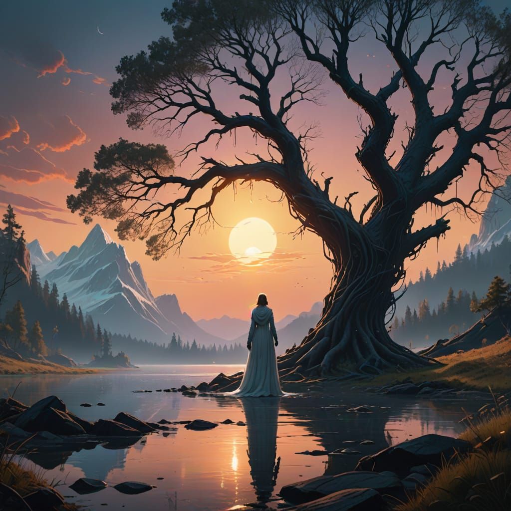 Mystical Lake Goddess in Whimsical Sunset Cathedral