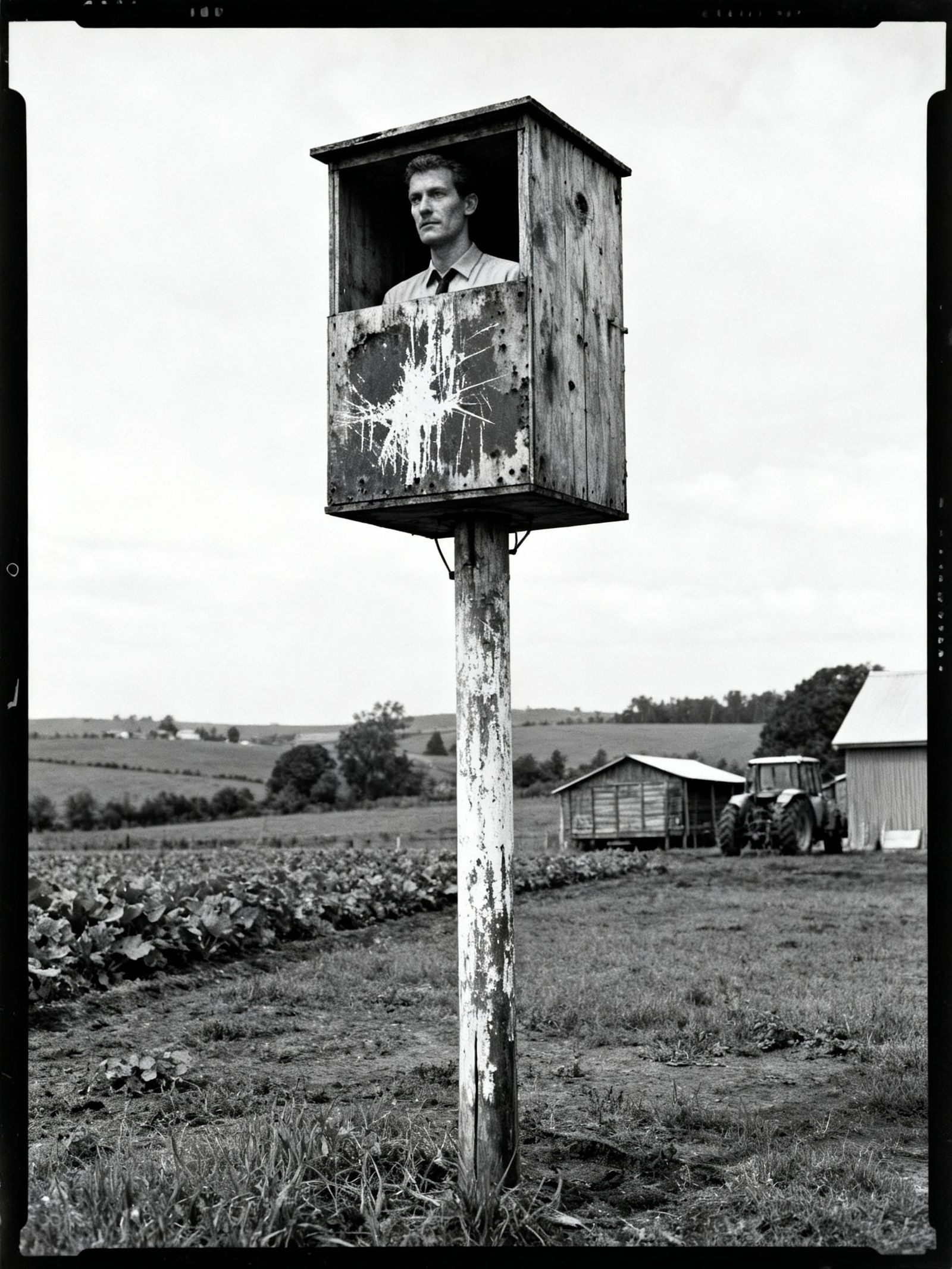 Surreal Man in Box on Pole on Farm