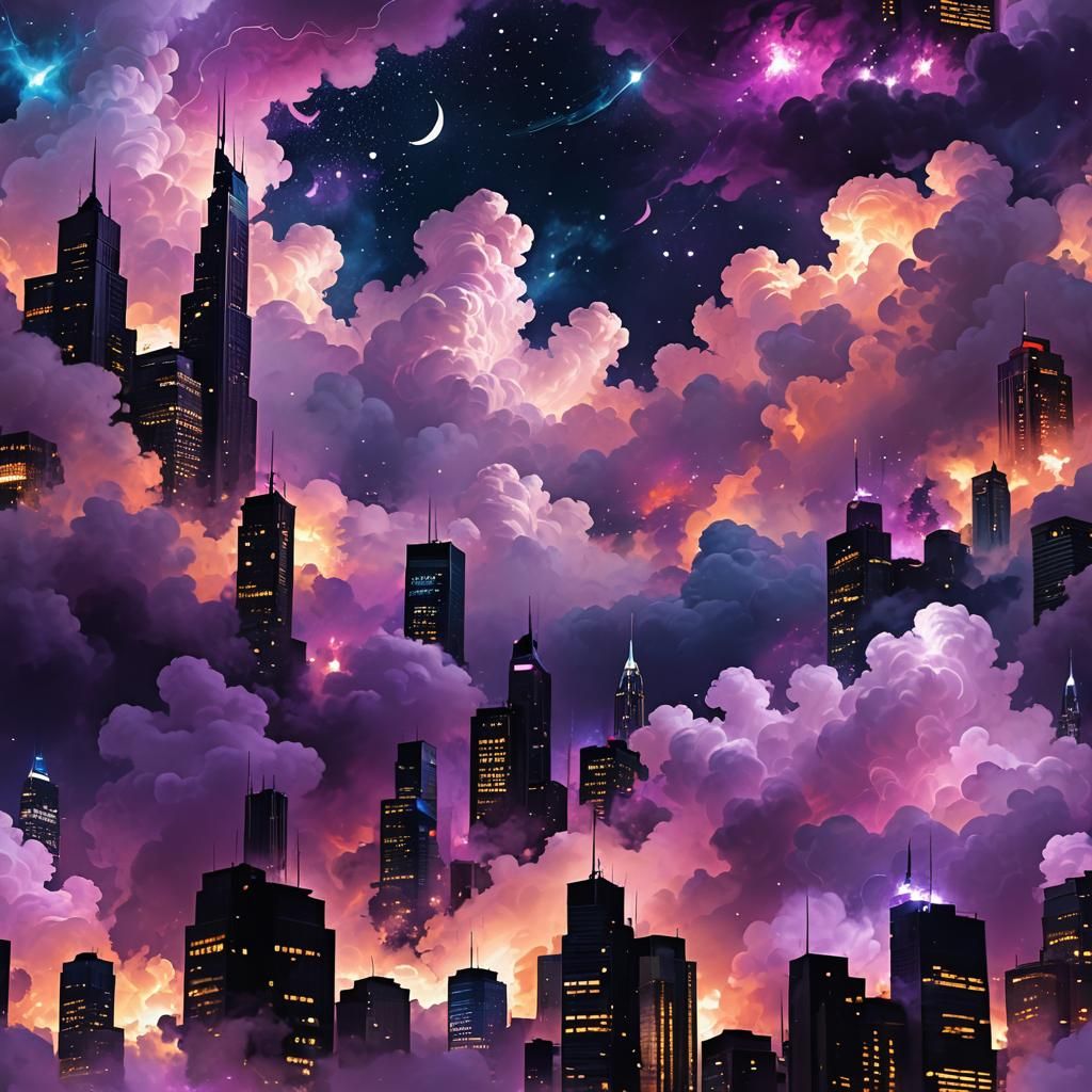 Dramatic Neon Cityscape Under Swirling Starry Clouds