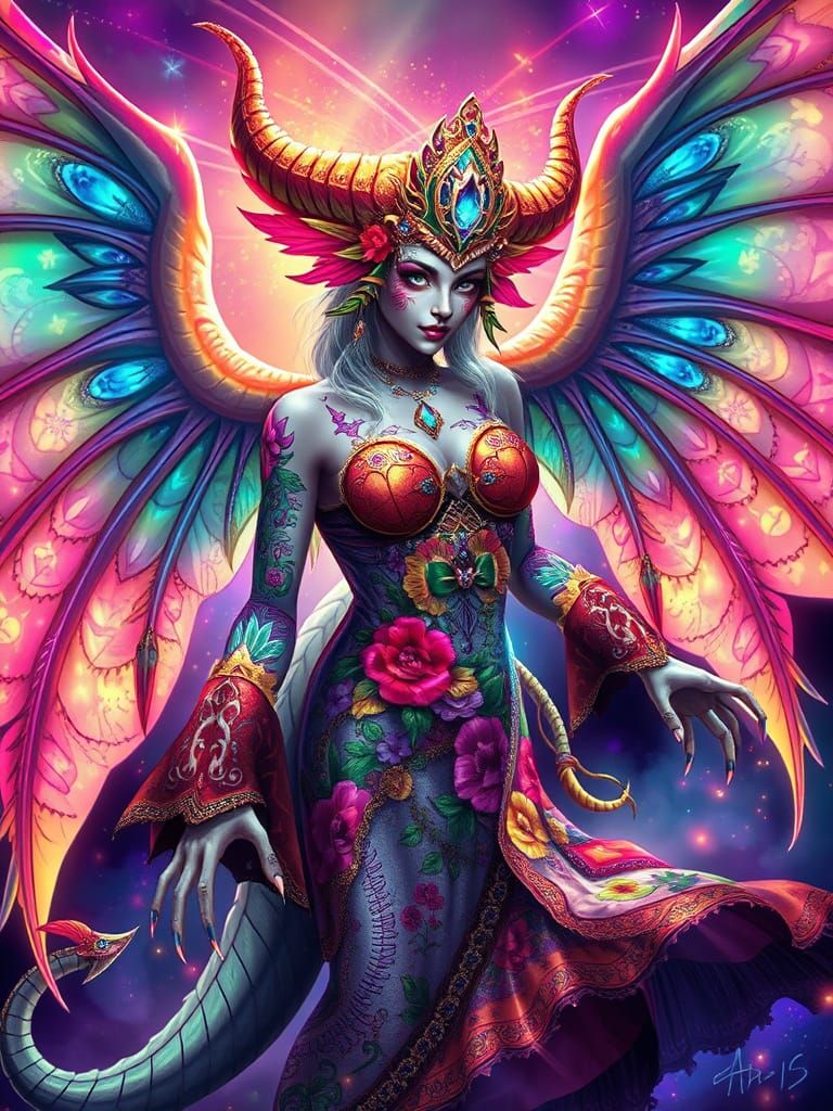 Mystical Winged Demon in Radiant Fantasy Robe