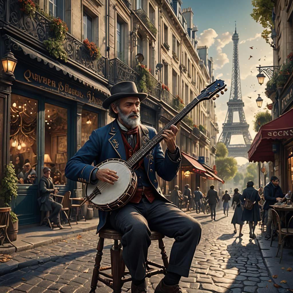 Frenchman's Parisian Banjo Serenade in Detailed Digital Pain...