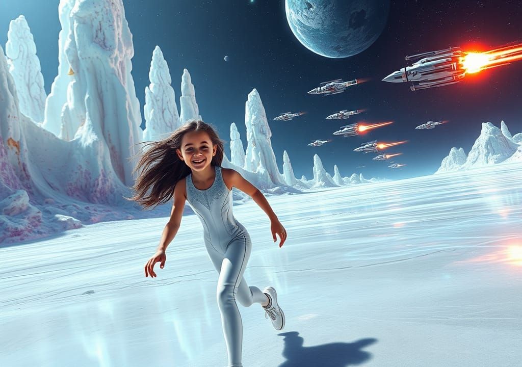 Girl Runs on Alien Beach Amidst Space Battle