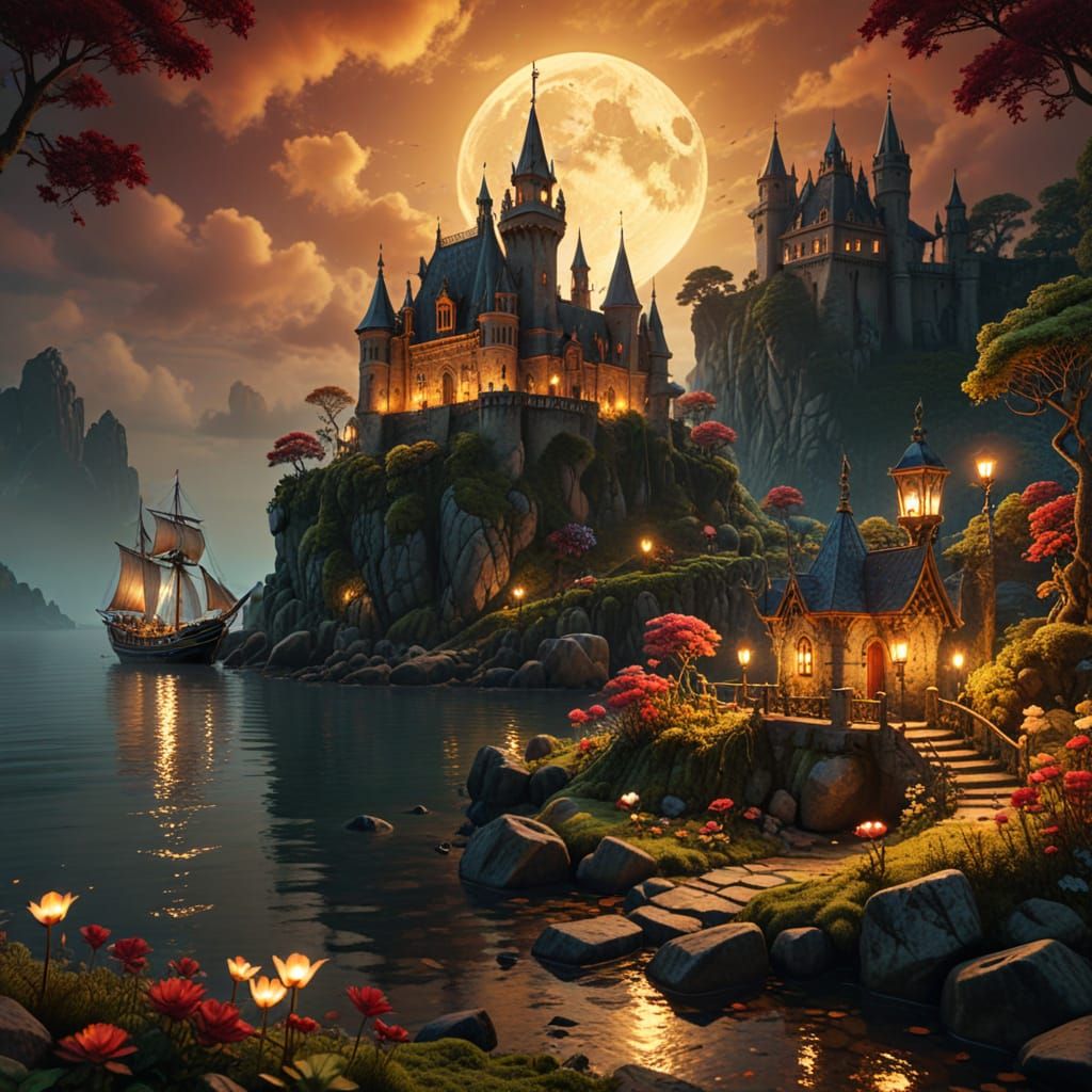 Gothic Palace and Sailing Ship in Fantasy Landscape