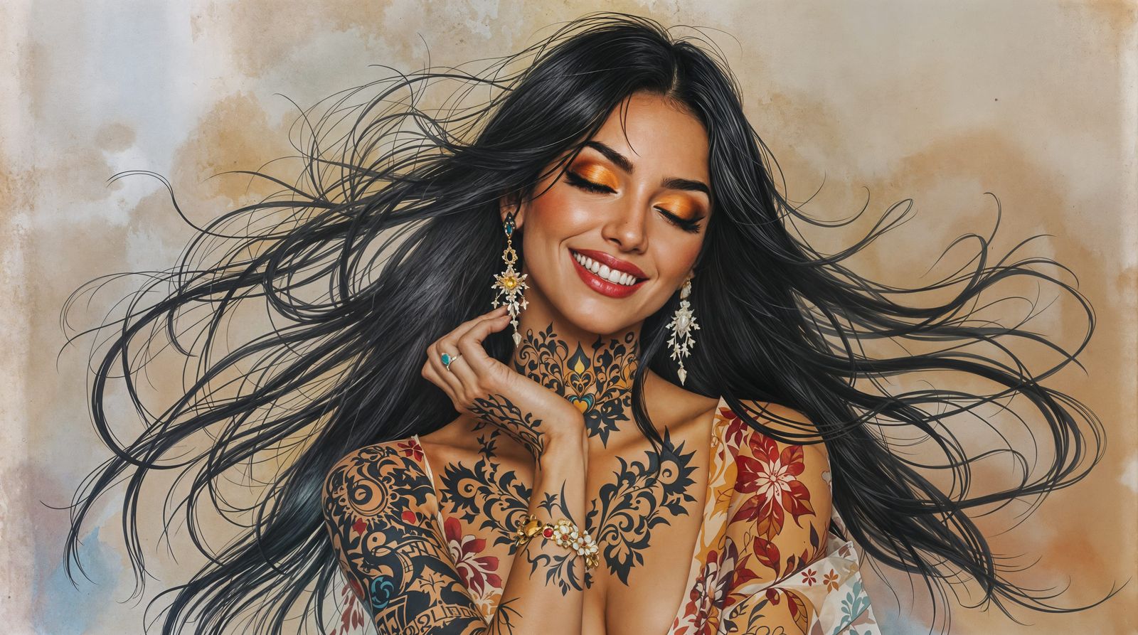 Gorgeous Tattooed Woman in a Vibrant Art Nouveau Style