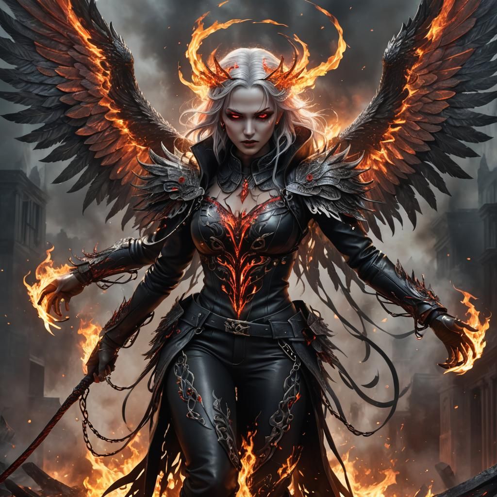 Epic Illustration of a Fallen Angel with Fire Wings