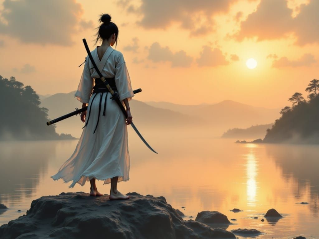 Elegant Samurai Woman in White Kimono, Standing on Boulder a...