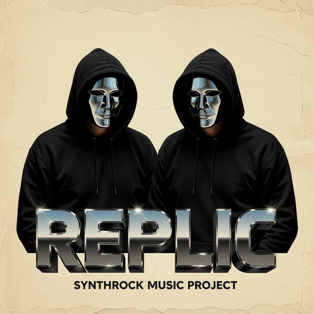 Synth-Rock Duo in Mirror Masks with Futuristic Poster