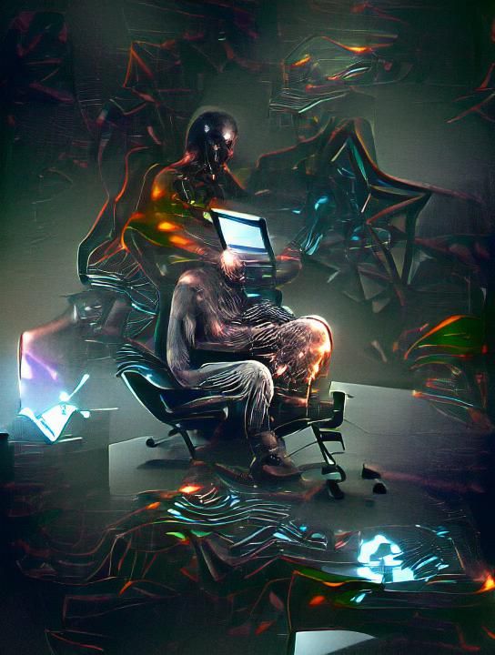 Sinister Cyberpunk Man at Computer Lit by Monitor