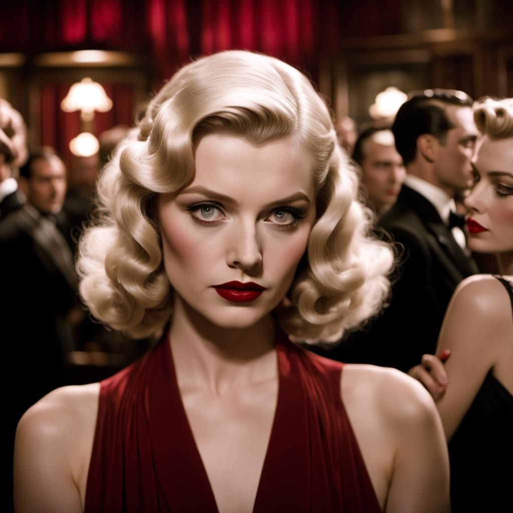 Sultry Blond Bombshell in 1930s Speakeasy Glamour