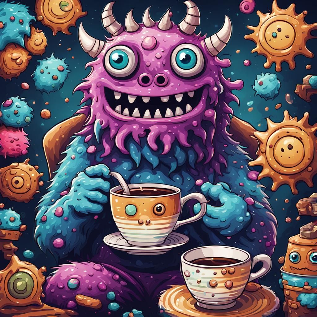 Cute Kawaii Monster Drinking Coffee in Vector Art