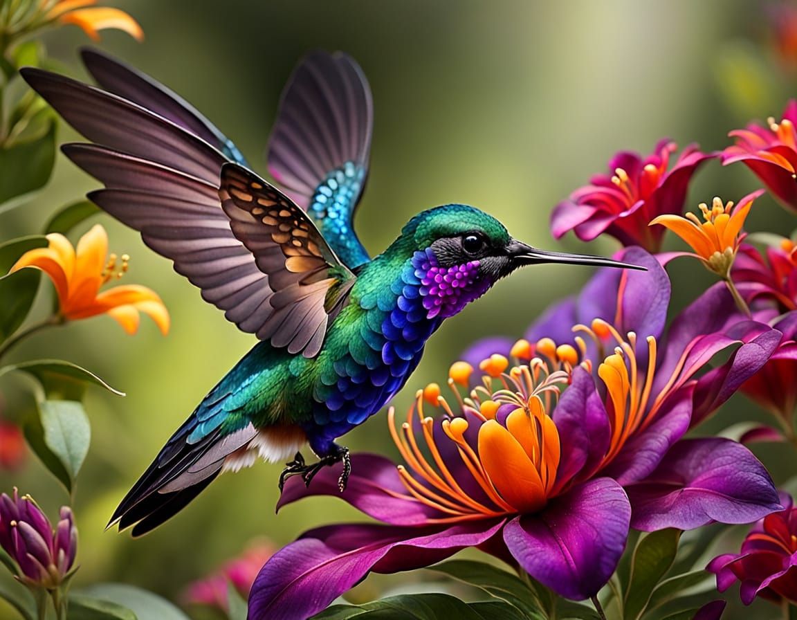 Hummingbird on Vibrant Flower  in "jewel-toned" - VIBRANT th...