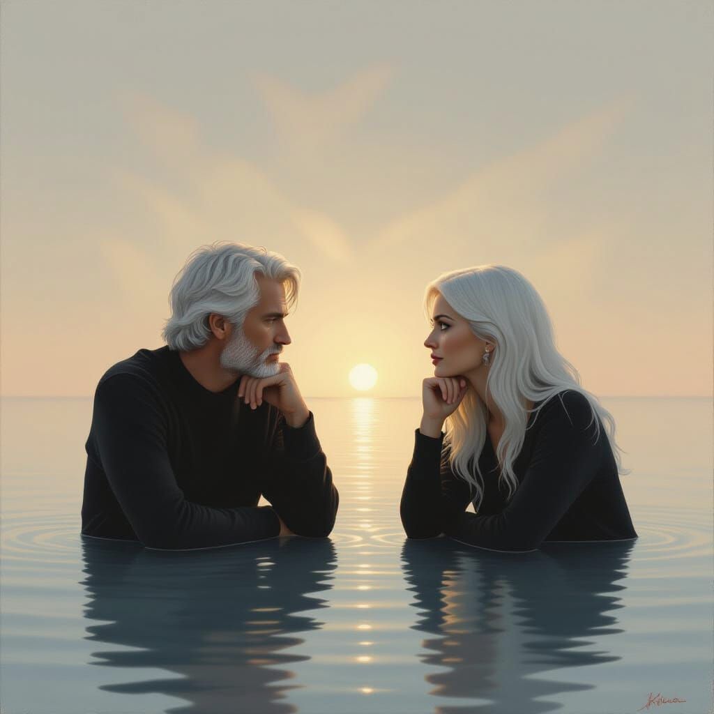 Surreal Oil Painting of Distant Lovers Lost in Thought
