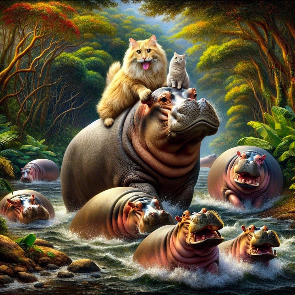 Whimsical Jungle Scene with Hippos and Furry Friends in Vibr...