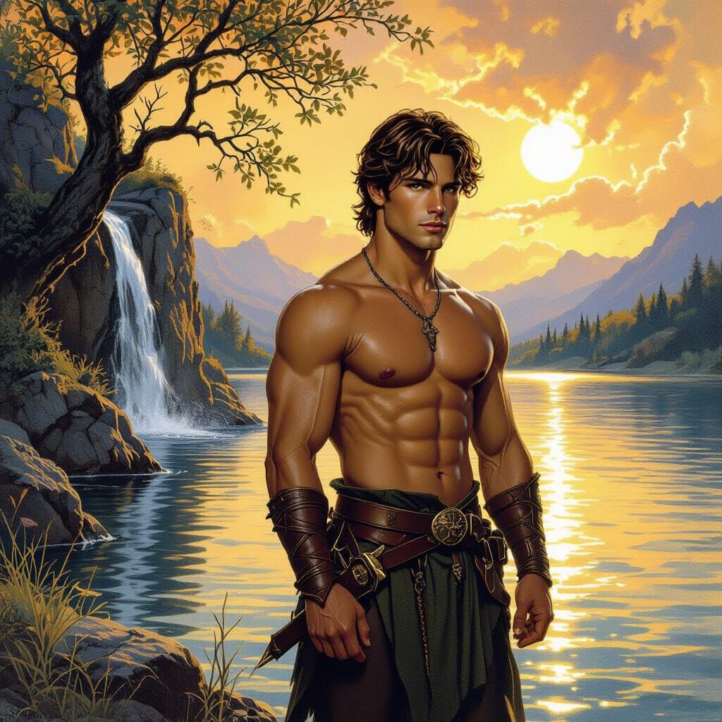 Lotharien Sunset: Man by Lake in Mystical Landscape