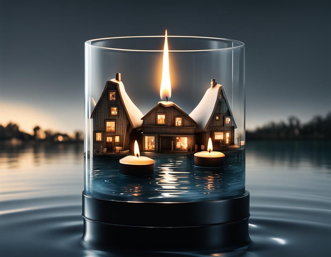 Tidal Wave Engulfs Village with Floating Candle in 3D