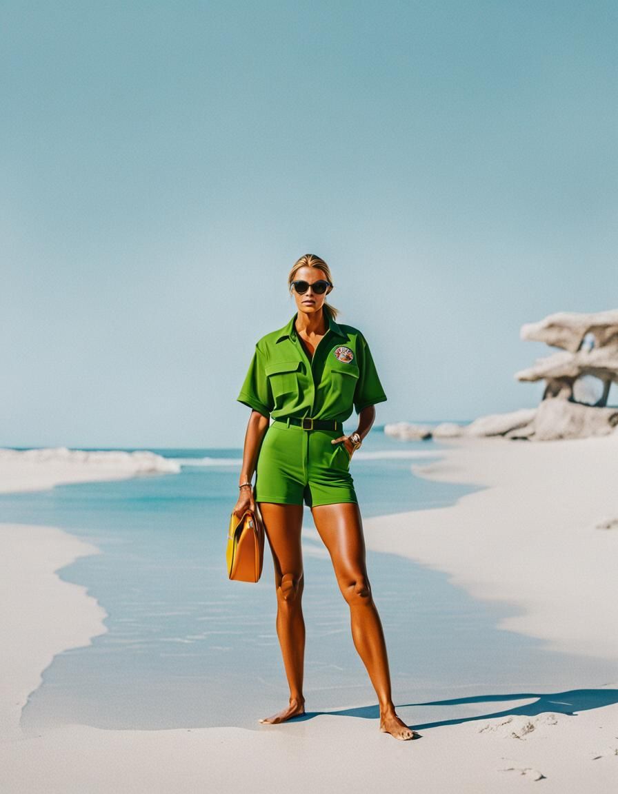 Minimalist 70s Girl on Beach in Anderson Style