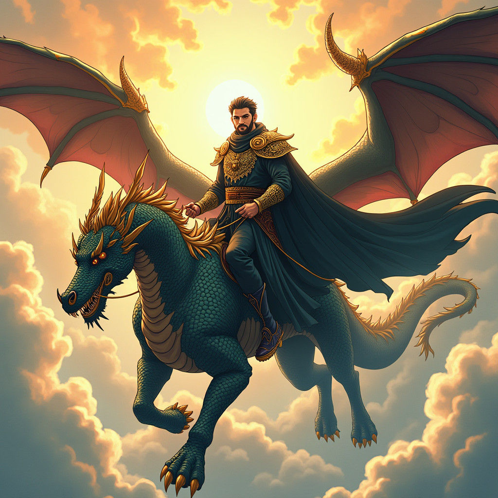 Omnipotent King Nasser Riding a Dragon in Anime Style