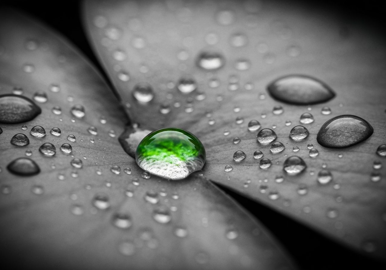 Macro Dewdrop Reflecting a Miniature World in Black and Whit...