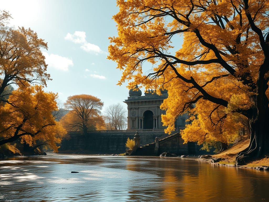 Golden Autumn Landscape with Majestic Trees and Ancient Temp...