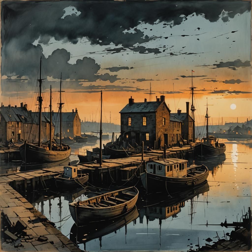 Harbor Sunset River Scene in Varied Artistic Styles