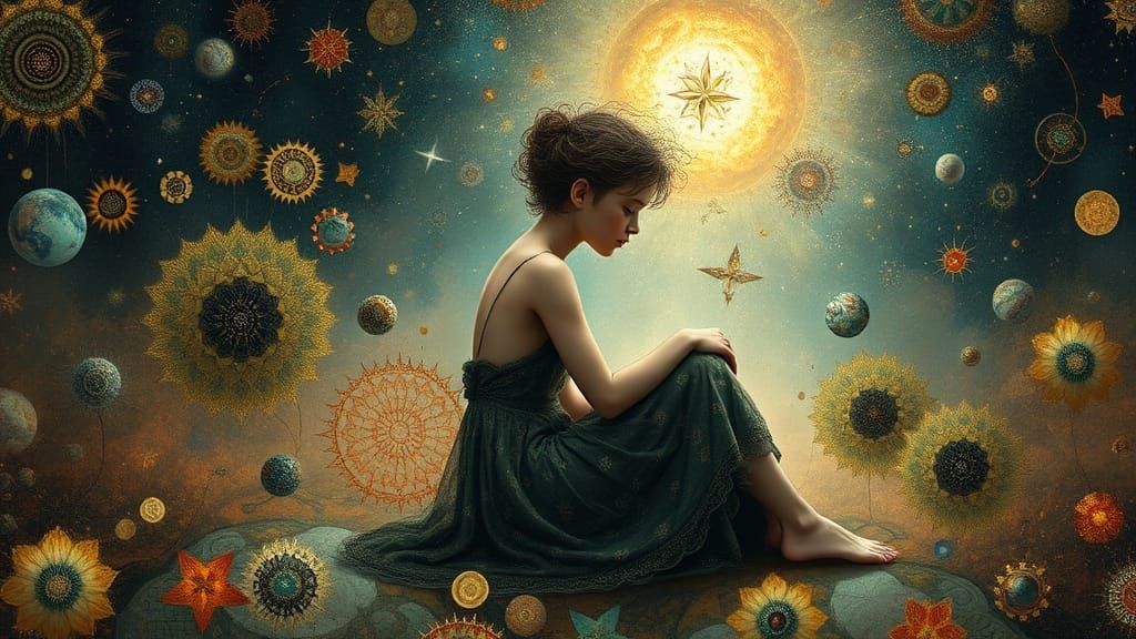 Dreamlike Figure in Vibrant Cosmic Landscape