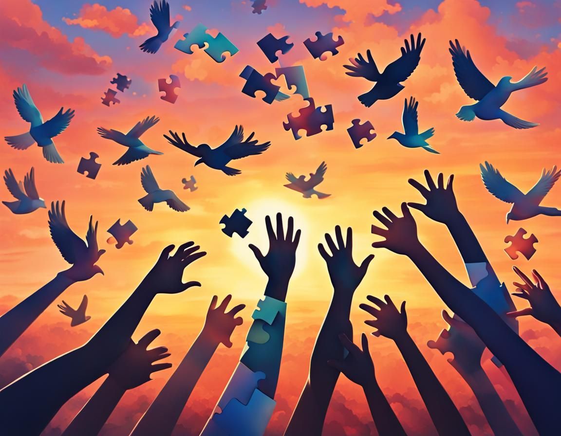 Colorful Puzzle Pieces Soaring in Sunset Sky