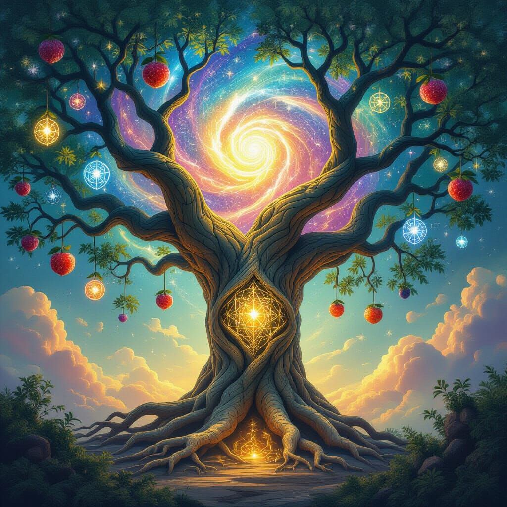Cosmic Tree of Starlight in Nebula, Sacred Geometry Fruits