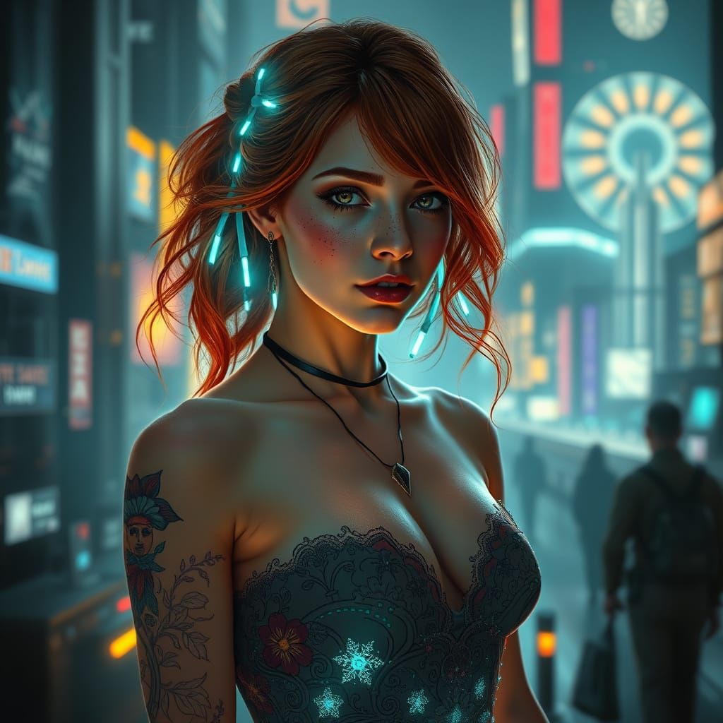 Cyberpunk Woman with Fiber Optic Hair, Art Nouveau Style