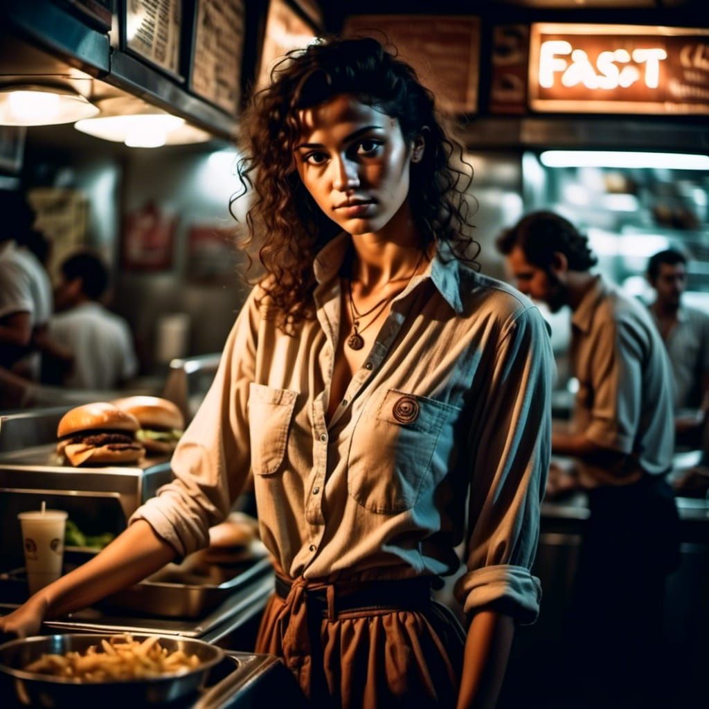 Brunette Fast Food Employee in Restaurant Photo