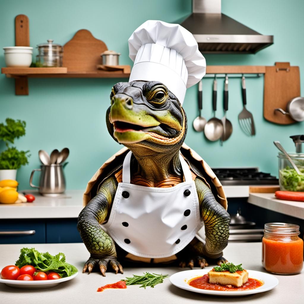 Turtle Chef Surrounded by Food