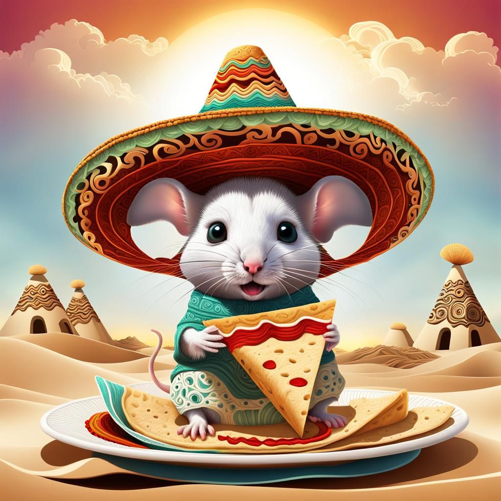 Cute Mouse with Sombrero Eating Tortilla