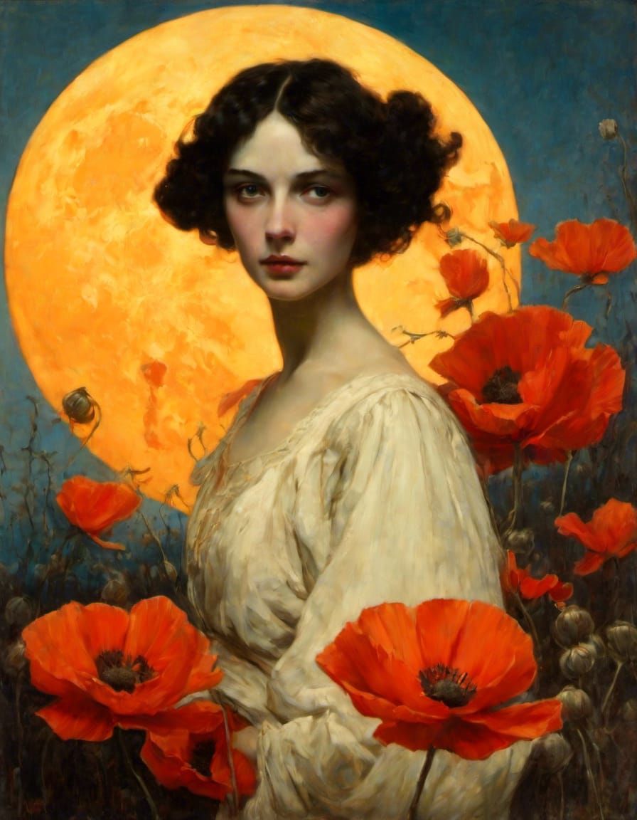 Olga Portrait with Poppies in N.C. Wyeth Style