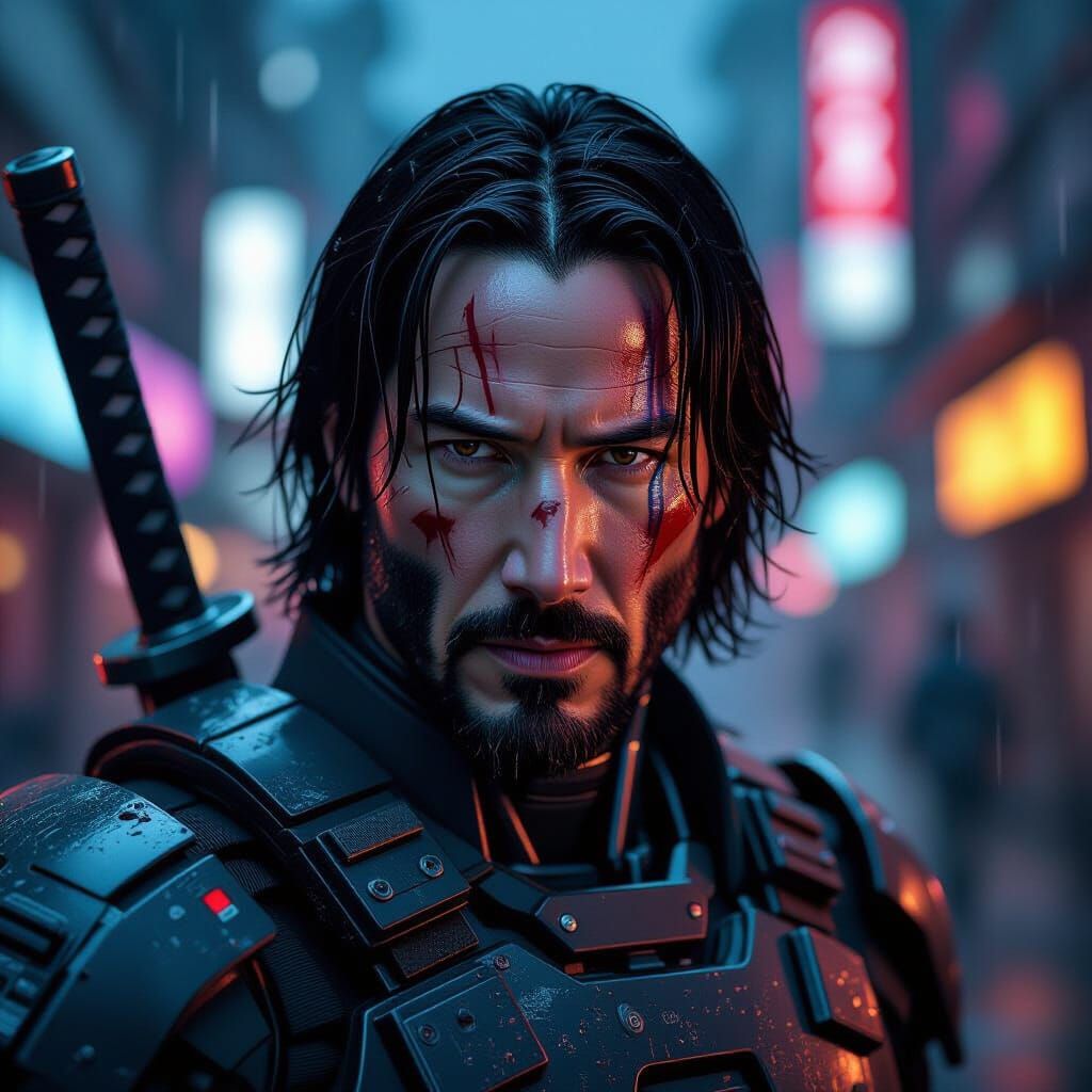 Keanu Reeves as Cyberpunk Samurai in Rain