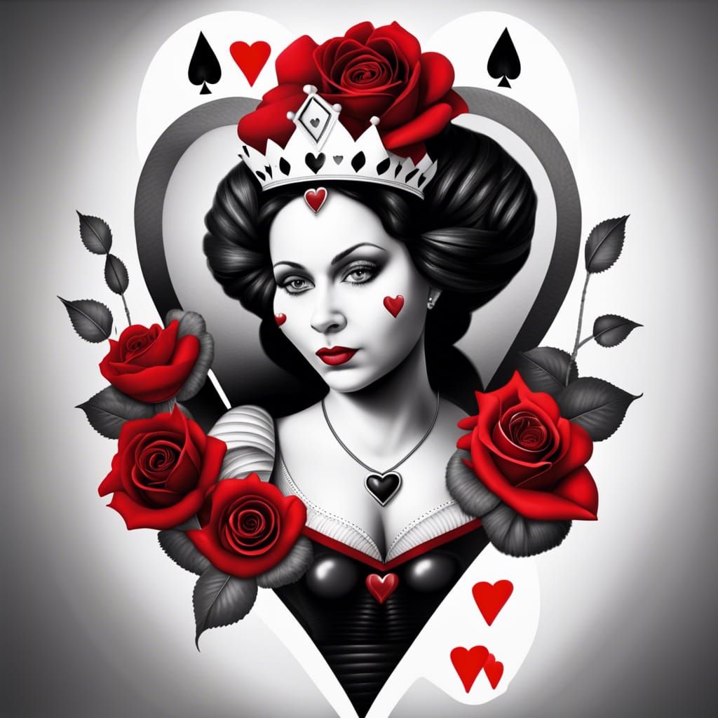 Photorealistic Queen of Hearts on Floral Throne