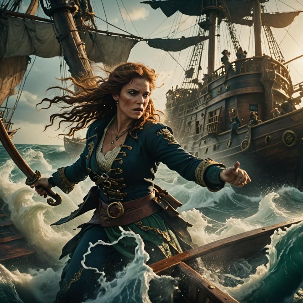 Pirate Woman Battles Sea Beasts: Cinematic Seascape