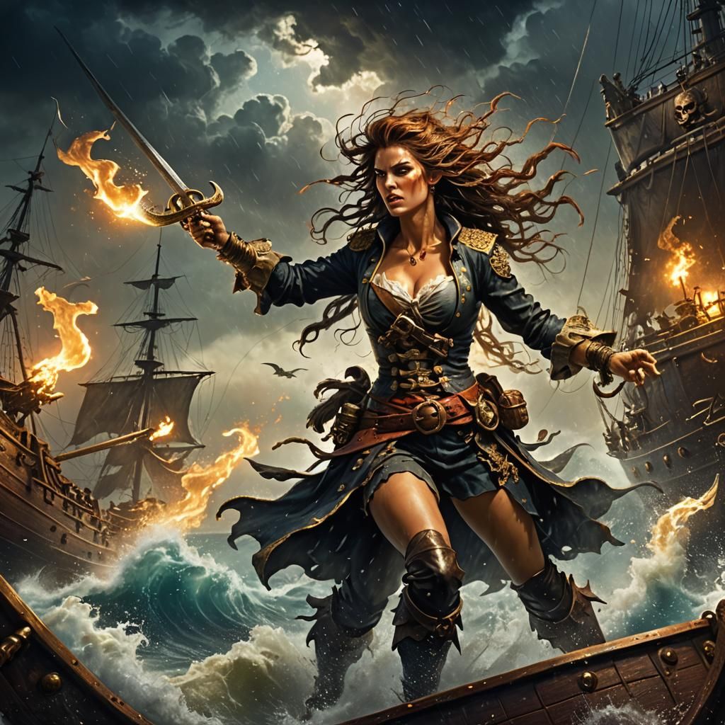 Pirate Woman Battles Sea Beasts: Fantasy Art