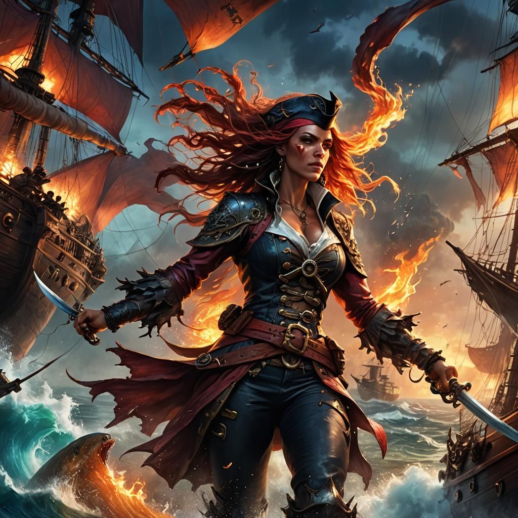 Pirate Woman's Epic Sea Battle at Sunset