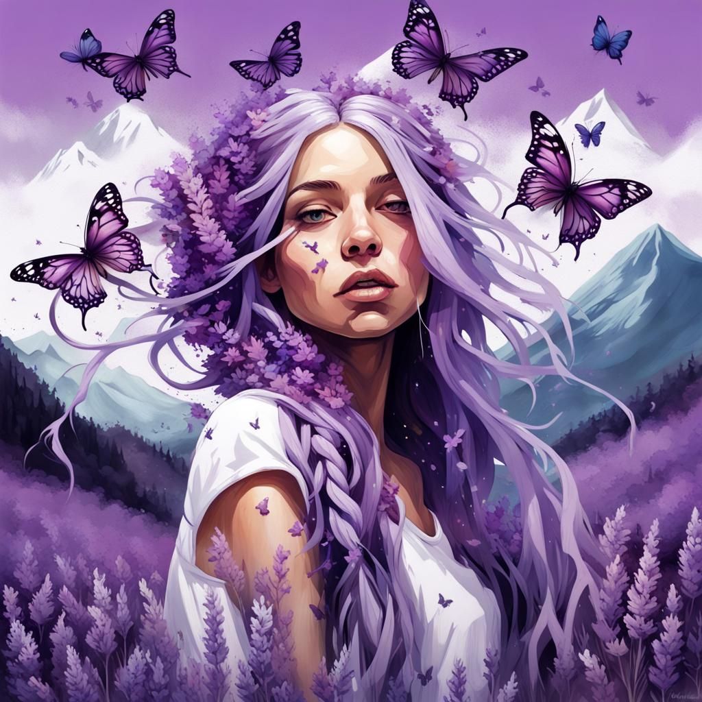 Girl with Lavender Hair and Butterflies in Graffiti Art