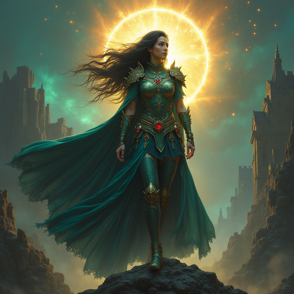 Fantasy Warrior Princess on Ancient Ruins in Dramatic Lighti...