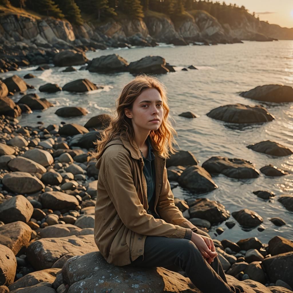 Emma on Rocky Shoreline in Cinematic Style