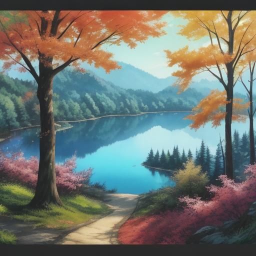 Anime Watercolor Cat in Forest by Lake