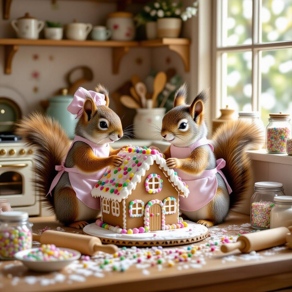 Squirrels Decorating Gingerbread House in Beatrix Potter Sty...