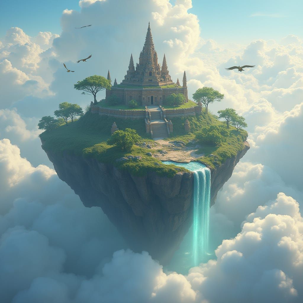 Floating Island with Ancient Temples and Waterfalls